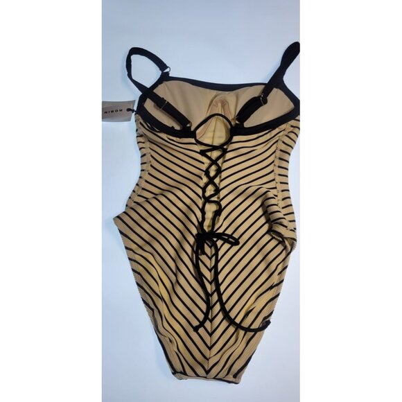 Robin Piccone One Piece Swimsuit Womens Parker Stripped Size 4 Ecru/Black Color - Picture 4 of 12